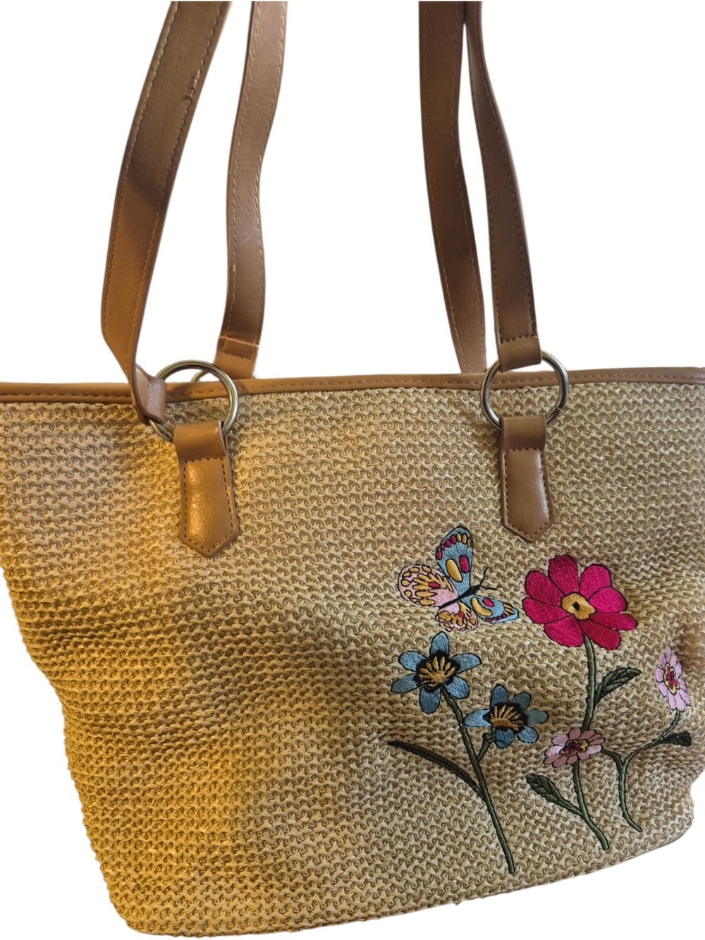 Bueno Collection Straw Tote Bag with Floral Embroidery - Tan